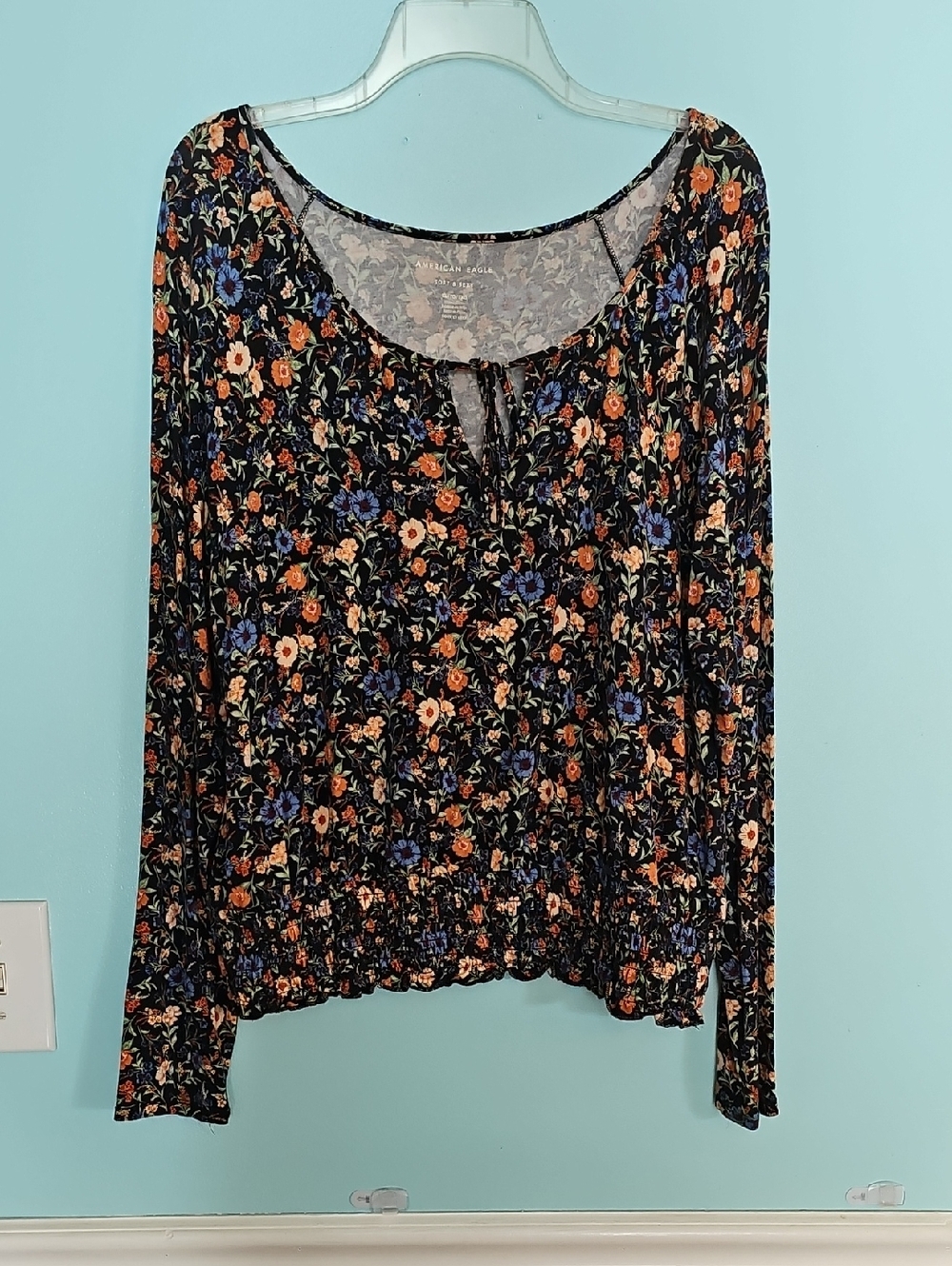 American Eagle Outfitters Black Floral Long-Sleeve Peasant Top